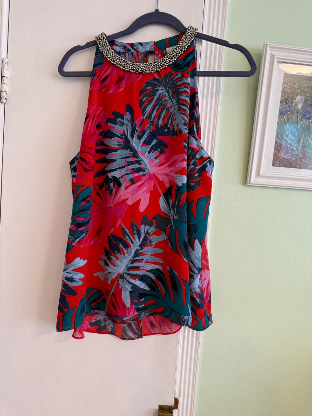 Jennifer Lopez Multicolor Beaded Neckline Shell - Red Teal Pink